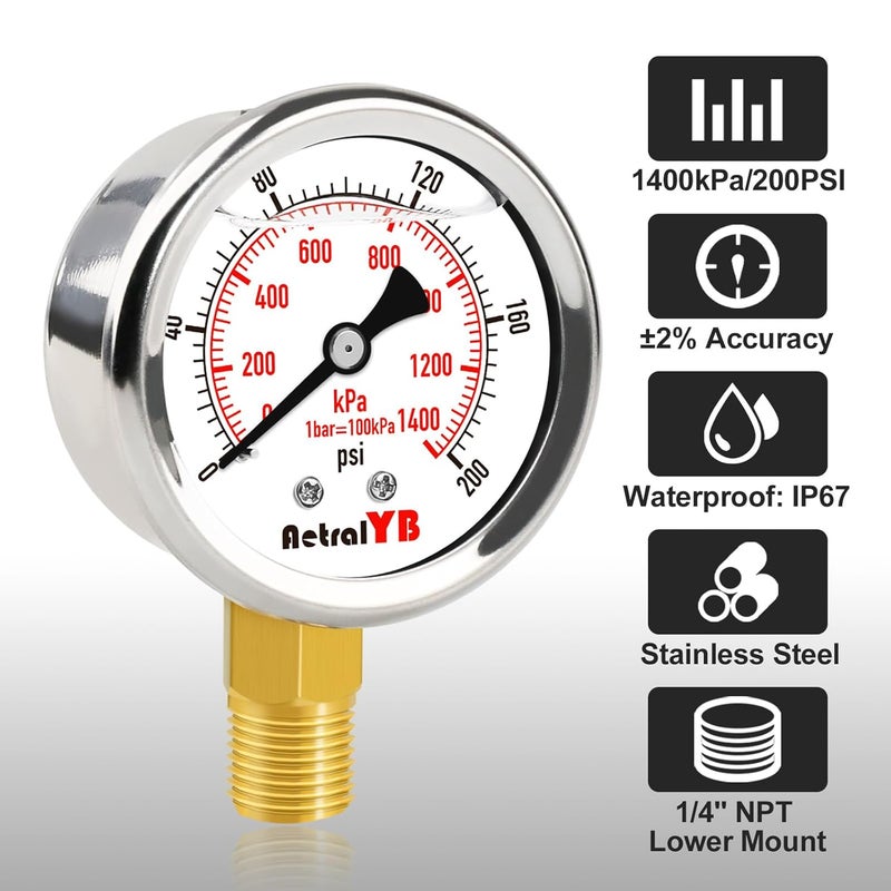 AetralYB 0-200 Psi 2-Inch Waterproof Pressure Gauge, Liquid-Filled, 1/4" NPT Lower Mount, Stainless Steel, Pressure Gauge for Water Pumps, Oil Systems, Pneumatic Air, and Pool Sand Filters - Image 2